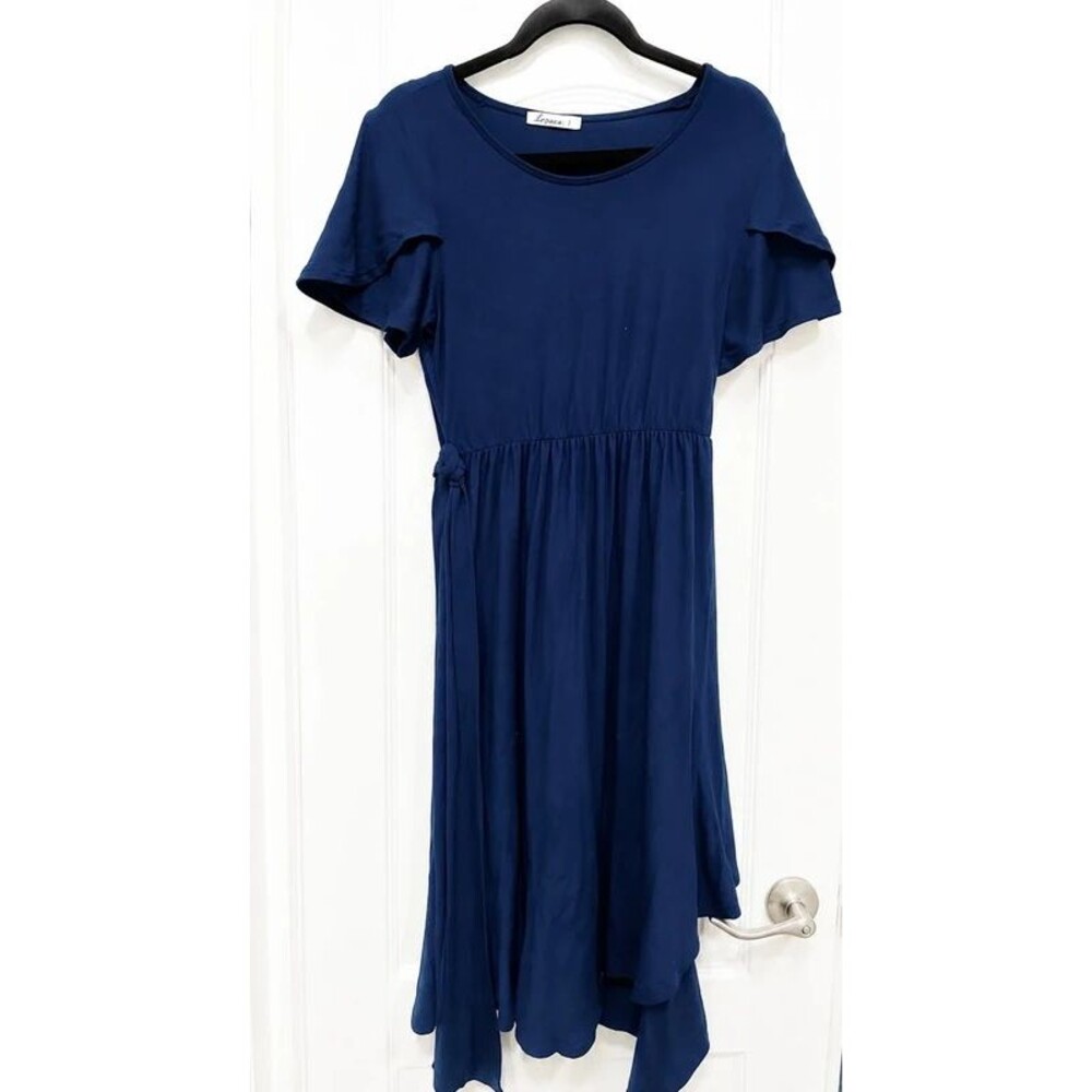 . Lezaca Navy Blue Midi Dress Size Small Flutter Sleeve Tie Waist